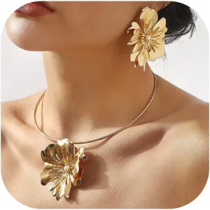 Gold Flower Earrings Necklace Set Flower Jewelry Big Foral Statement Earrings for Women Summer Charm Necklace Beach Vacation Essentials