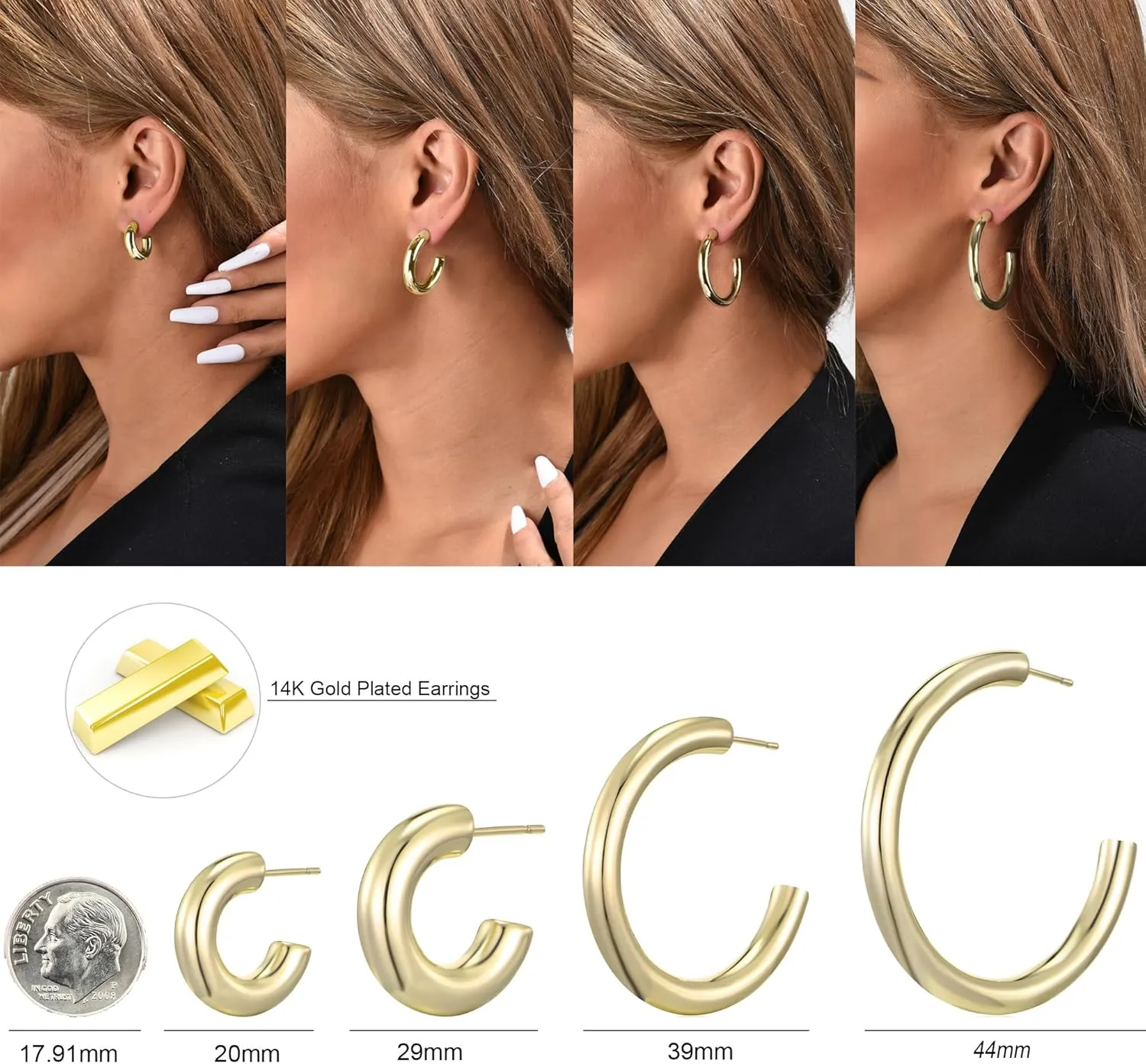 Gold Hoop Earrings for Women, Chunky Gold Hoops 14k Real Gold Plated, 925 Sterling Silver Post Hypoallergenic Earrings Lightweight Small Gold Hoops for Sensitive Ears Trendy
