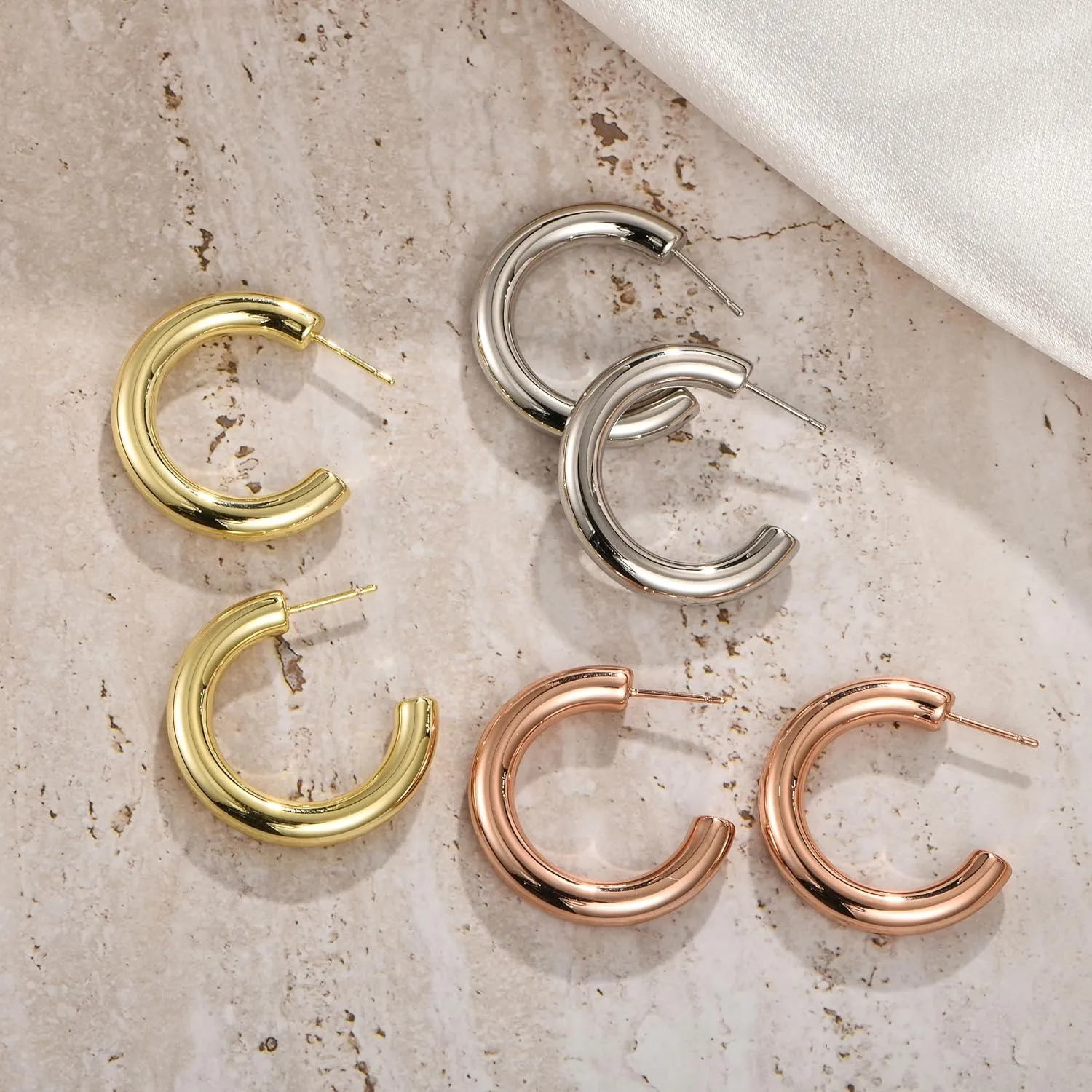 Gold Hoop Earrings for Women, Chunky Gold Hoops 14k Real Gold Plated, 925 Sterling Silver Post Hypoallergenic Earrings Lightweight Small Gold Hoops for Sensitive Ears Trendy