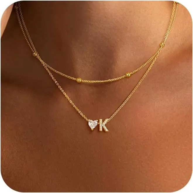 Gold Initial Heart Necklaces for Women - Dainty Cute Gold Necklace Small Layered 14K Gold Plated A-Z Letter CZ Pendant Trendy Satellite Chain Necklaces for Women Non Tarnish Gold Jewelry Set Gift