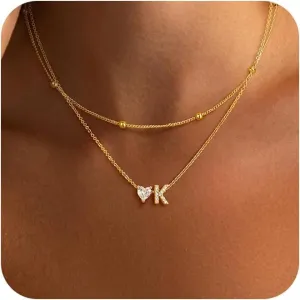 Gold Initial Heart Necklaces for Women - Dainty Cute Gold Necklace Small Layered 14K Gold Plated A-Z Letter CZ Pendant Trendy Satellite Chain Necklaces for Women Non Tarnish Gold Jewelry Set Gift