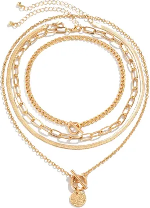 Gold Layered Necklaces for Women Chunky Choker Link Chain Trendy Retro Coin 14K Pendant Necklace Stack Layered Cuban Paperclip Snake Chain Necklace