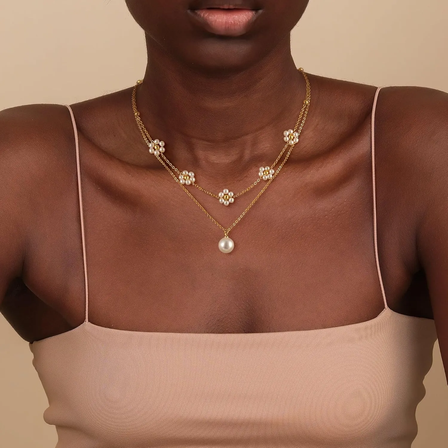 Gold Layered Pearl Necklaces Set for Women, Trendy Layering 14K Gold Plated Stackable Dainty Daisy Pearl Choker Chain Stacked No Tarnish Necklace Stack Fashion Jewelry for Women