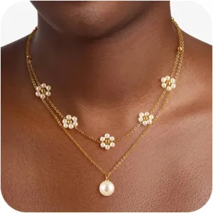 Gold Layered Pearl Necklaces Set for Women, Trendy Layering 14K Gold Plated Stackable Dainty Daisy Pearl Choker Chain Stacked No Tarnish Necklace Stack Fashion Jewelry for Women