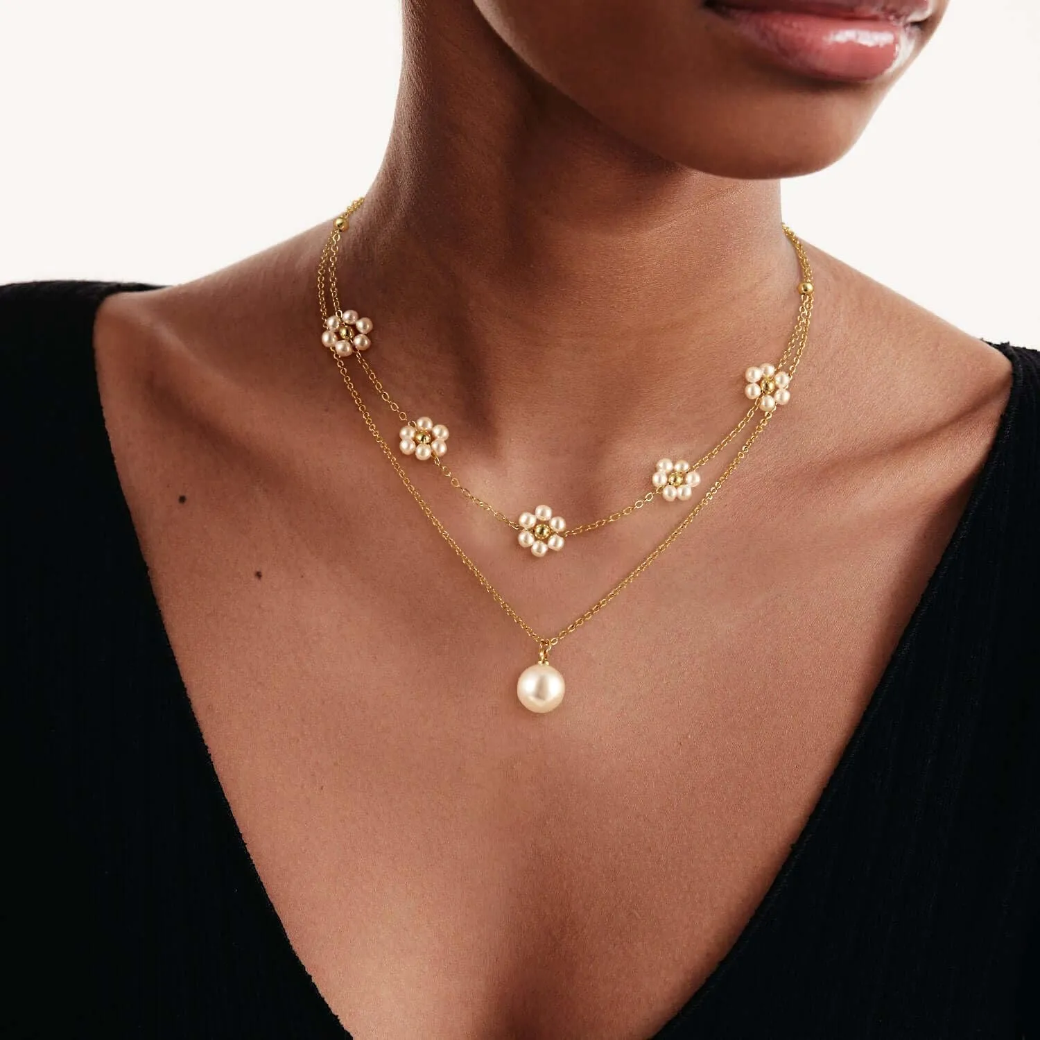 Gold Layered Pearl Necklaces Set for Women, Trendy Layering 14K Gold Plated Stackable Dainty Daisy Pearl Choker Chain Stacked No Tarnish Necklace Stack Fashion Jewelry for Women