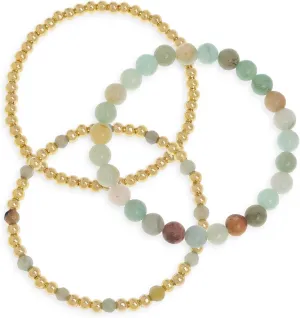 Gold Natural Stone Beaded Healing Bracelets Set for Women, 3pcs Trendy Elastic Stretch Stackable Amazonite Gemstone Bead Friendship Bracelet Fashion Jewelry Couple Gift.