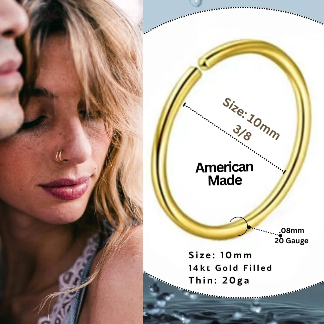 Gold Nose Ring Hoops for Lip Earring Cartilage Helix Septum body Piercings Small Thin Dainty Seamless Design for comfort Handmade Minimalist Style 14kt gold filled 10mm 20 gauge