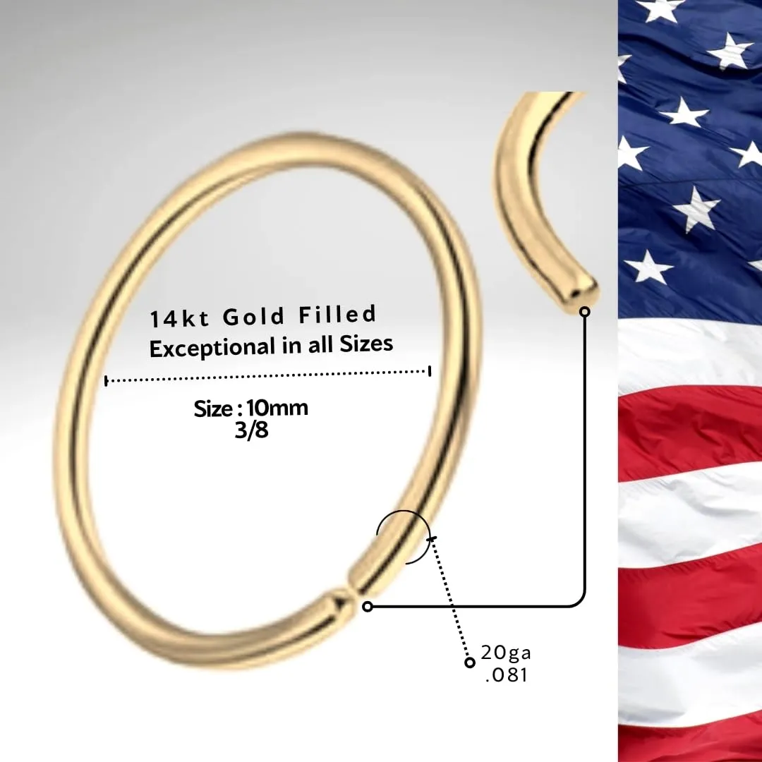 Gold Nose Ring Hoops for Lip Earring Cartilage Helix Septum body Piercings Small Thin Dainty Seamless Design for comfort Handmade Minimalist Style 14kt gold filled 10mm 20 gauge