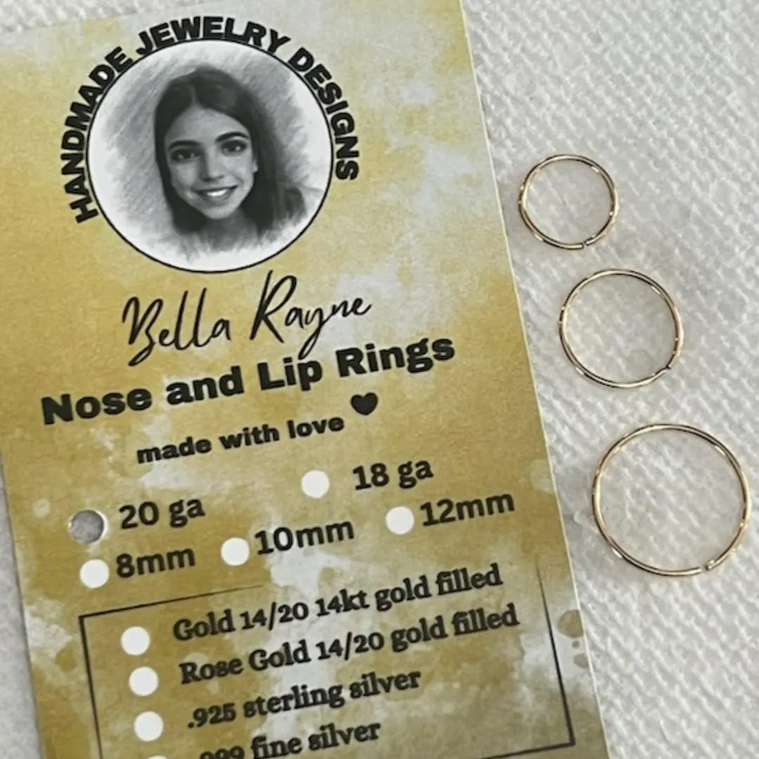 Gold Nose Ring Hoops for Lip Earring Cartilage Helix Septum body Piercings Small Thin Dainty Seamless Design for comfort Handmade Minimalist Style 14kt gold filled 10mm 20 gauge