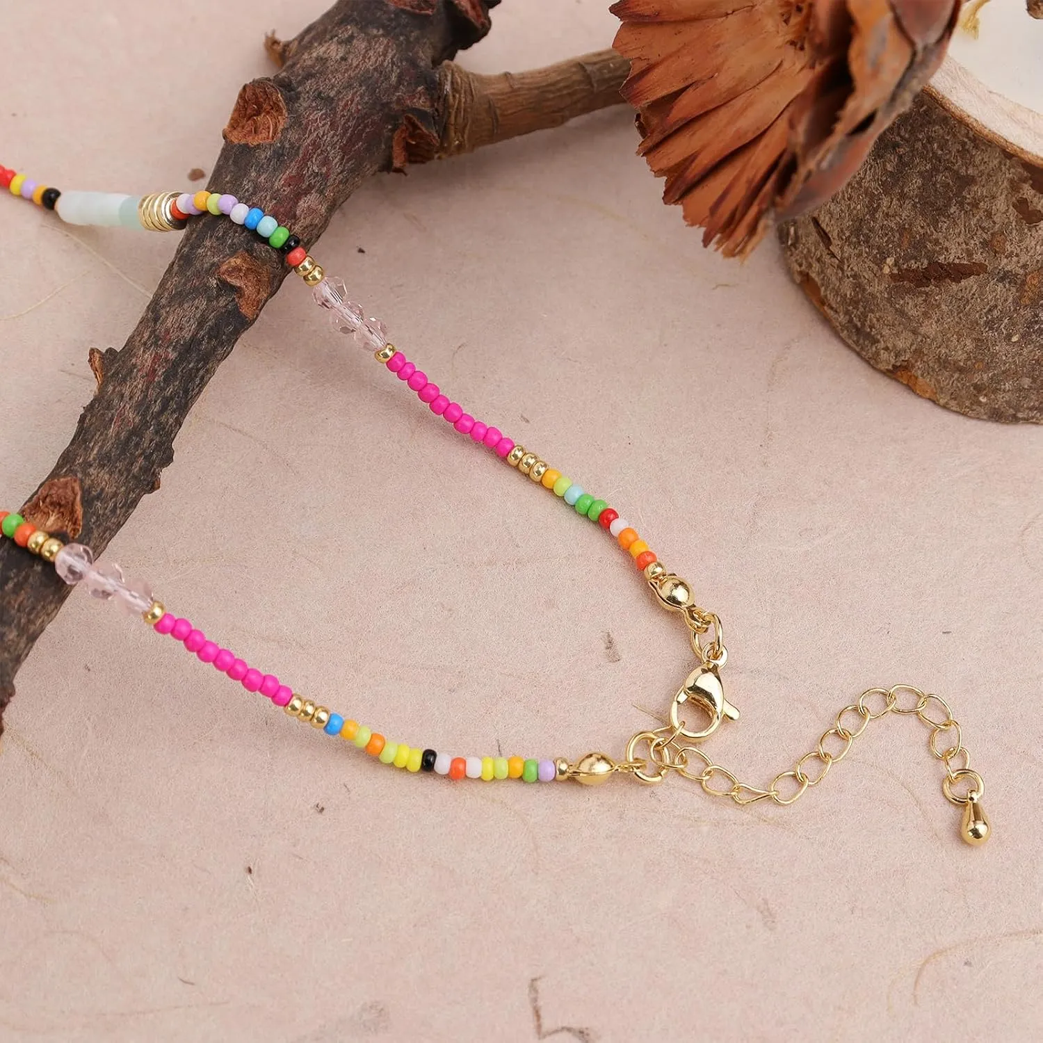 Gold Seed Beaded Necklaces for Women, Boho Handmade Adjustable Colorful Beads Choker Summer Beach Jewelry Gift.