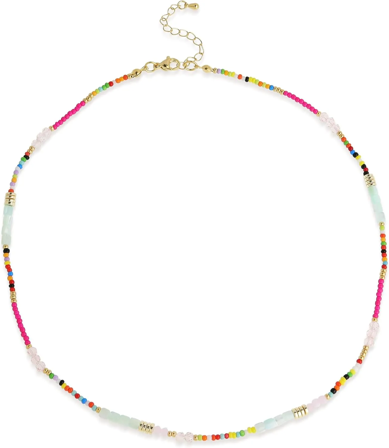 Gold Seed Beaded Necklaces for Women, Boho Handmade Adjustable Colorful Beads Choker Summer Beach Jewelry Gift.