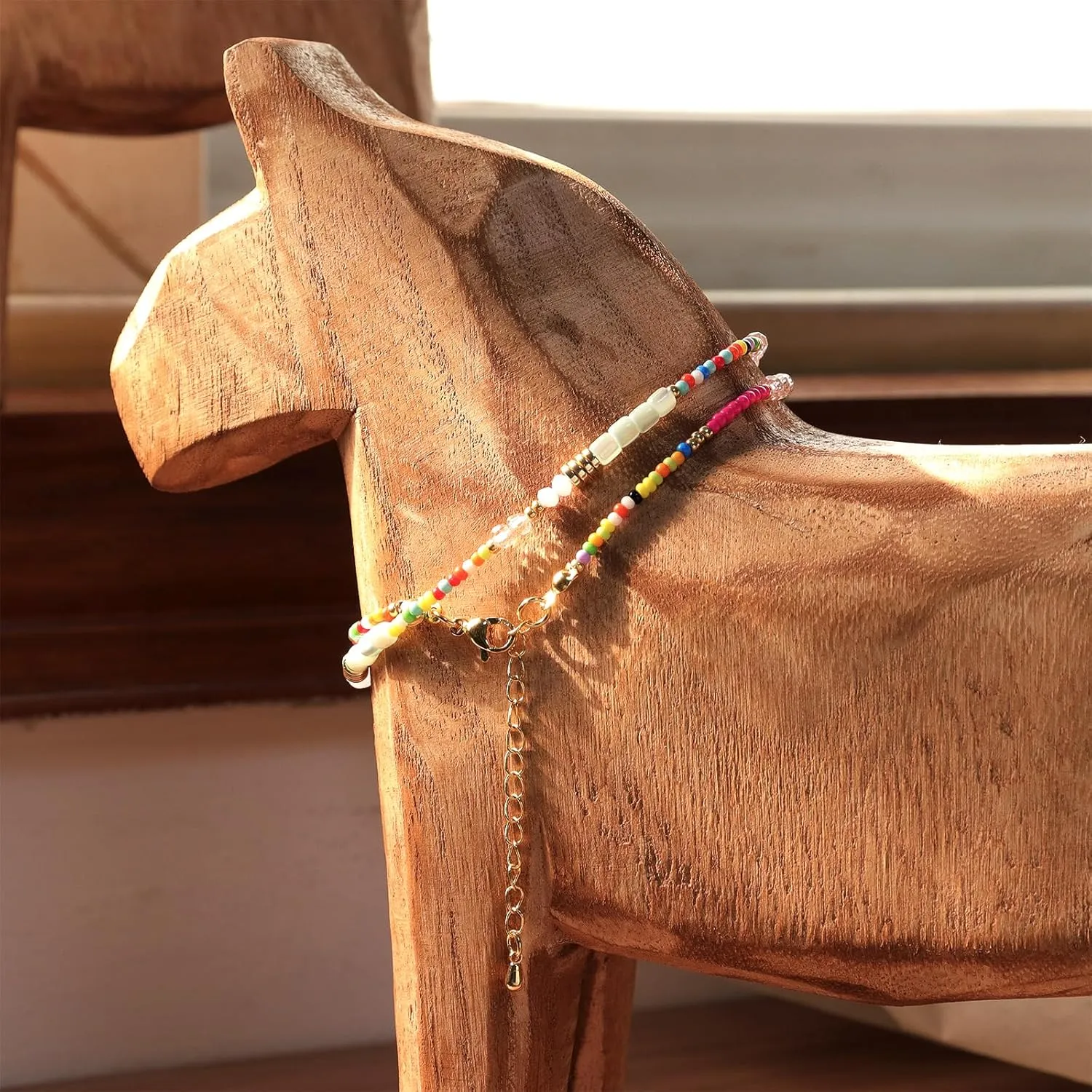 Gold Seed Beaded Necklaces for Women, Boho Handmade Adjustable Colorful Beads Choker Summer Beach Jewelry Gift.