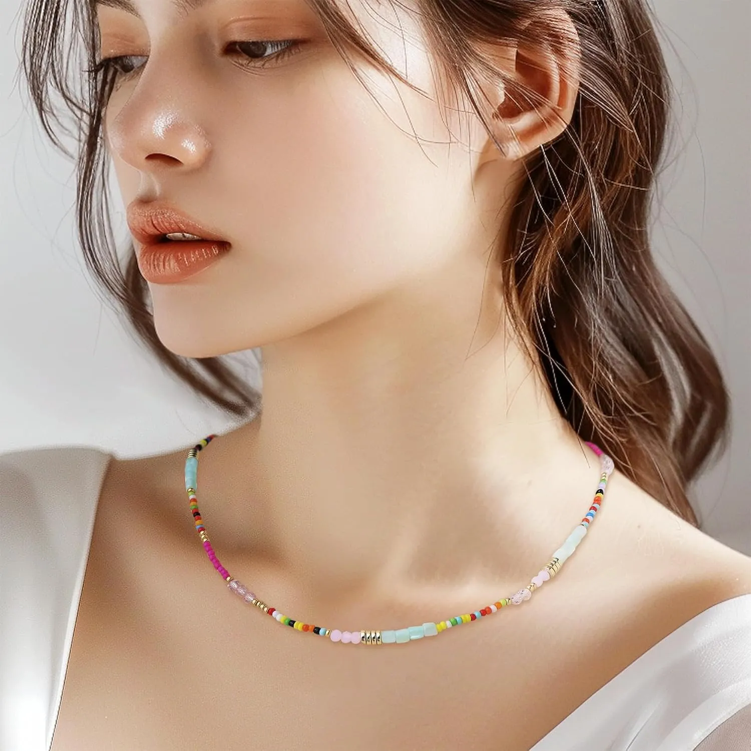 Gold Seed Beaded Necklaces for Women, Boho Handmade Adjustable Colorful Beads Choker Summer Beach Jewelry Gift.