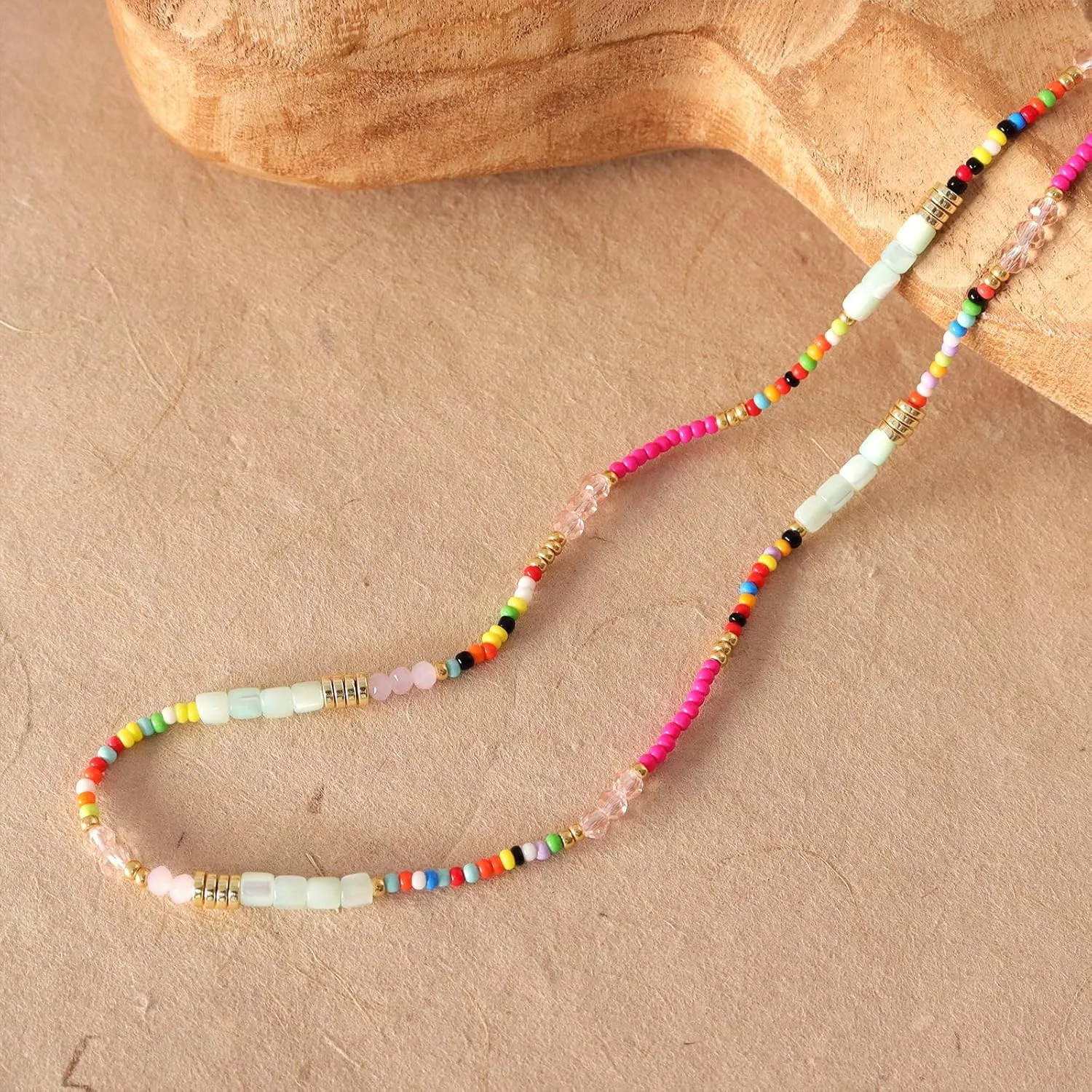 Gold Seed Beaded Necklaces for Women, Boho Handmade Adjustable Colorful Beads Choker Summer Beach Jewelry Gift.