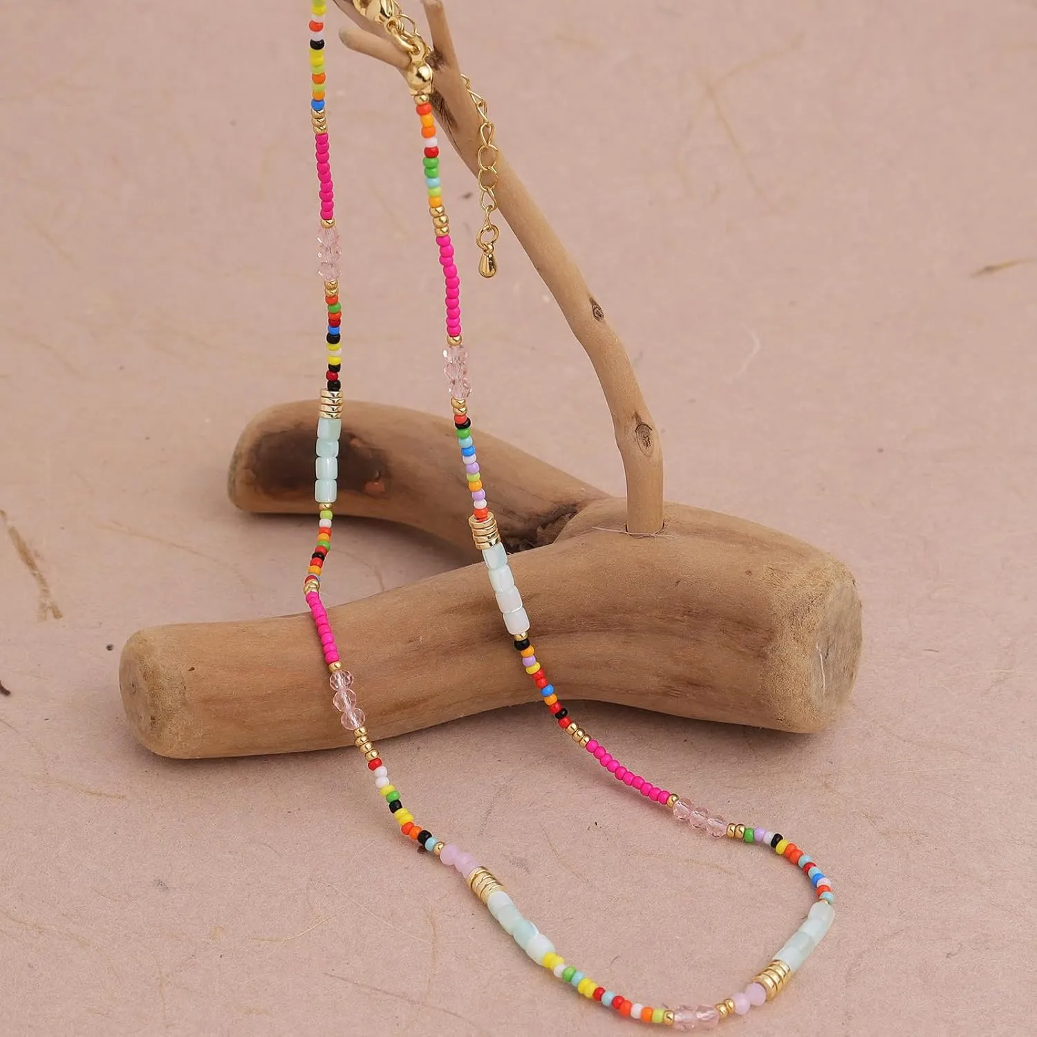 Gold Seed Beaded Necklaces for Women, Boho Handmade Adjustable Colorful Beads Choker Summer Beach Jewelry Gift.