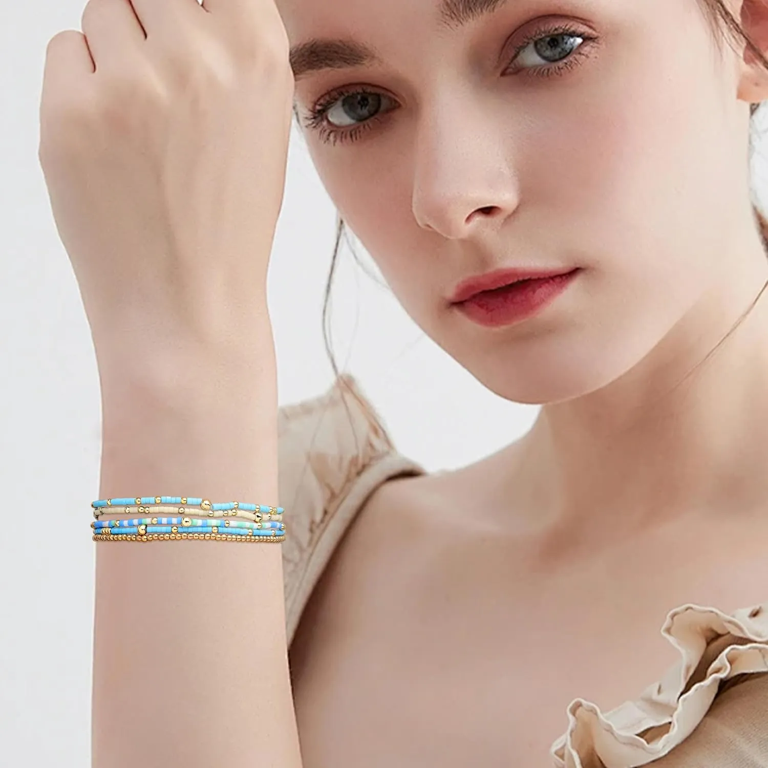 Gold Seed Beads Stack Bracelets for Women, Boho Handmade Stackable Colorful Beaded Stretch Friendship Bracelet Prom Holiday Jewelry Gift.