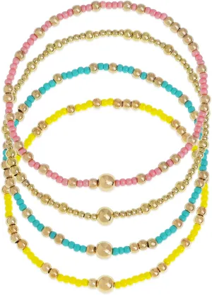 Gold Seed Beads Stack Bracelets Set for Women, 4Pcs Boho Handmade Colorful Stackable Friendship Beaded Stretch Bracelets Prom Jewelry Gift.
