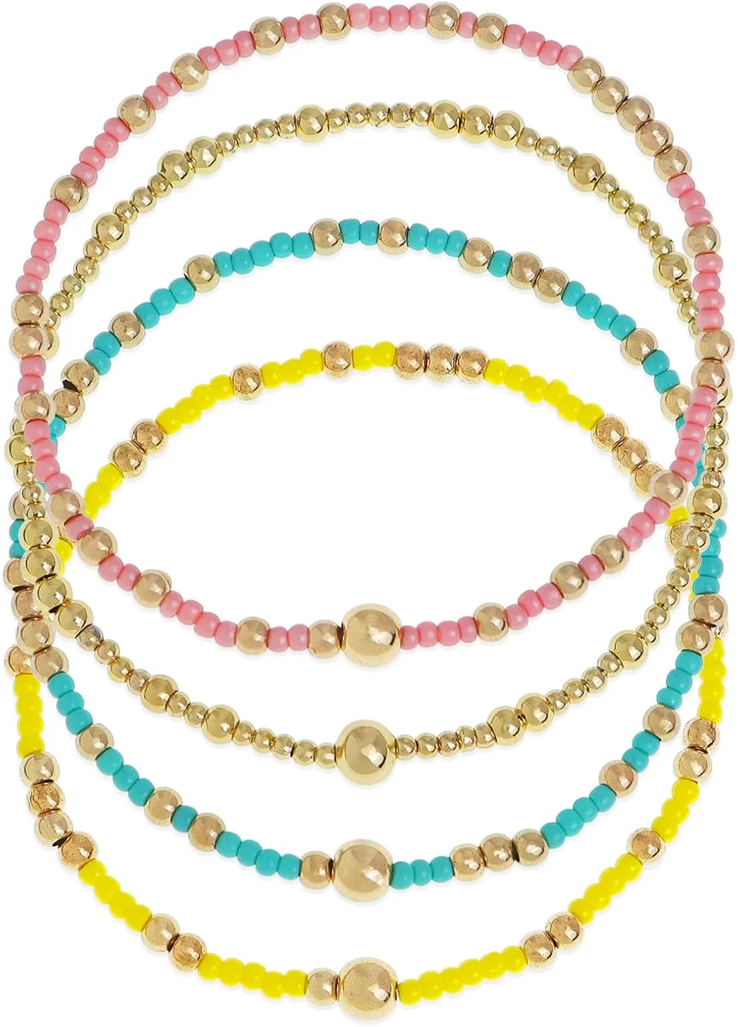Gold Seed Beads Stack Bracelets Set for Women, 4Pcs Boho Handmade Colorful Stackable Friendship Beaded Stretch Bracelets Prom Jewelry Gift.