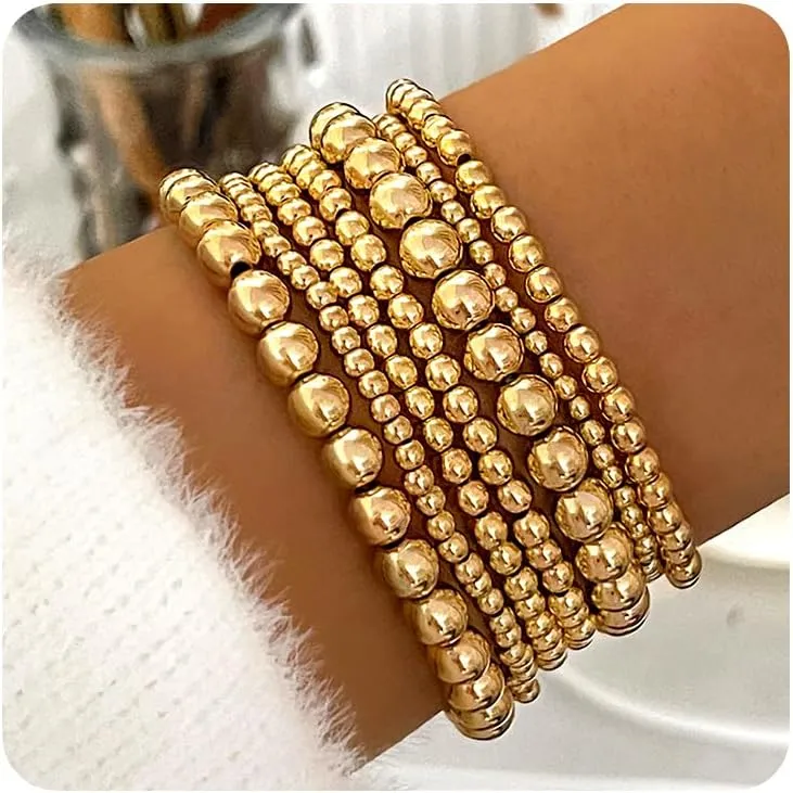 Gold Stacking Beaded Stretch Bracelet Set for Women,7Pcs Simple Gold Round Ball Handmade Beaded Chain Bracelet,Stackable Layered Elastic Bracelet