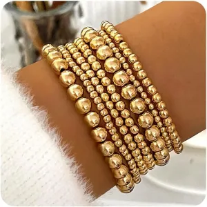 Gold Stacking Beaded Stretch Bracelet Set for Women,7Pcs Simple Gold Round Ball Handmade Beaded Chain Bracelet,Stackable Layered Elastic Bracelet