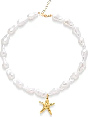Gold Starfish Necklace for Women Chunky Baroque Pearl Shell Pendant Necklace Big Pearl Seashell starfish Necklaces Summer Jewelry Gifts for Women
