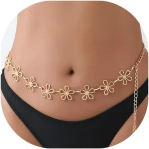 Gold Waist ChainHollow-out Floral-shaped Waist Chain 14k Gold Plated Chain Belt Metal Adjustable Waist Link Belt Fashion Waterproof Sexy Bikini Beads Chain Summer Non Tarnish Body Chain Jewelry Gifts for Women