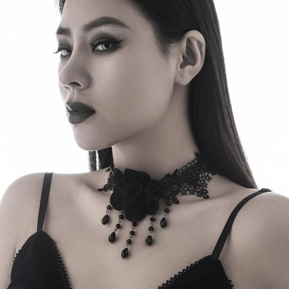 Gothic Black Lace Choker Necklace with Crystal Steampunk Flower Rose Tassel Pendant Collar Choker Vampire Lolita Cosplay Custume Neck Jewelry for Women