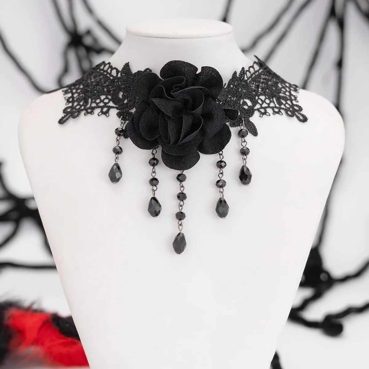 Gothic Black Lace Choker Necklace with Crystal Steampunk Flower Rose Tassel Pendant Collar Choker Vampire Lolita Cosplay Custume Neck Jewelry for Women