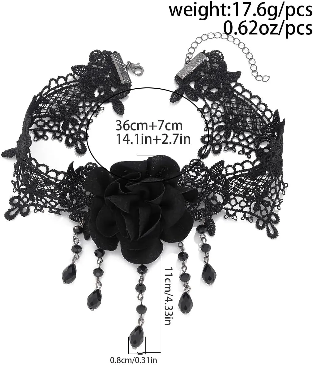 Gothic Black Lace Choker Necklace with Crystal Steampunk Flower Rose Tassel Pendant Collar Choker Vampire Lolita Cosplay Custume Neck Jewelry for Women