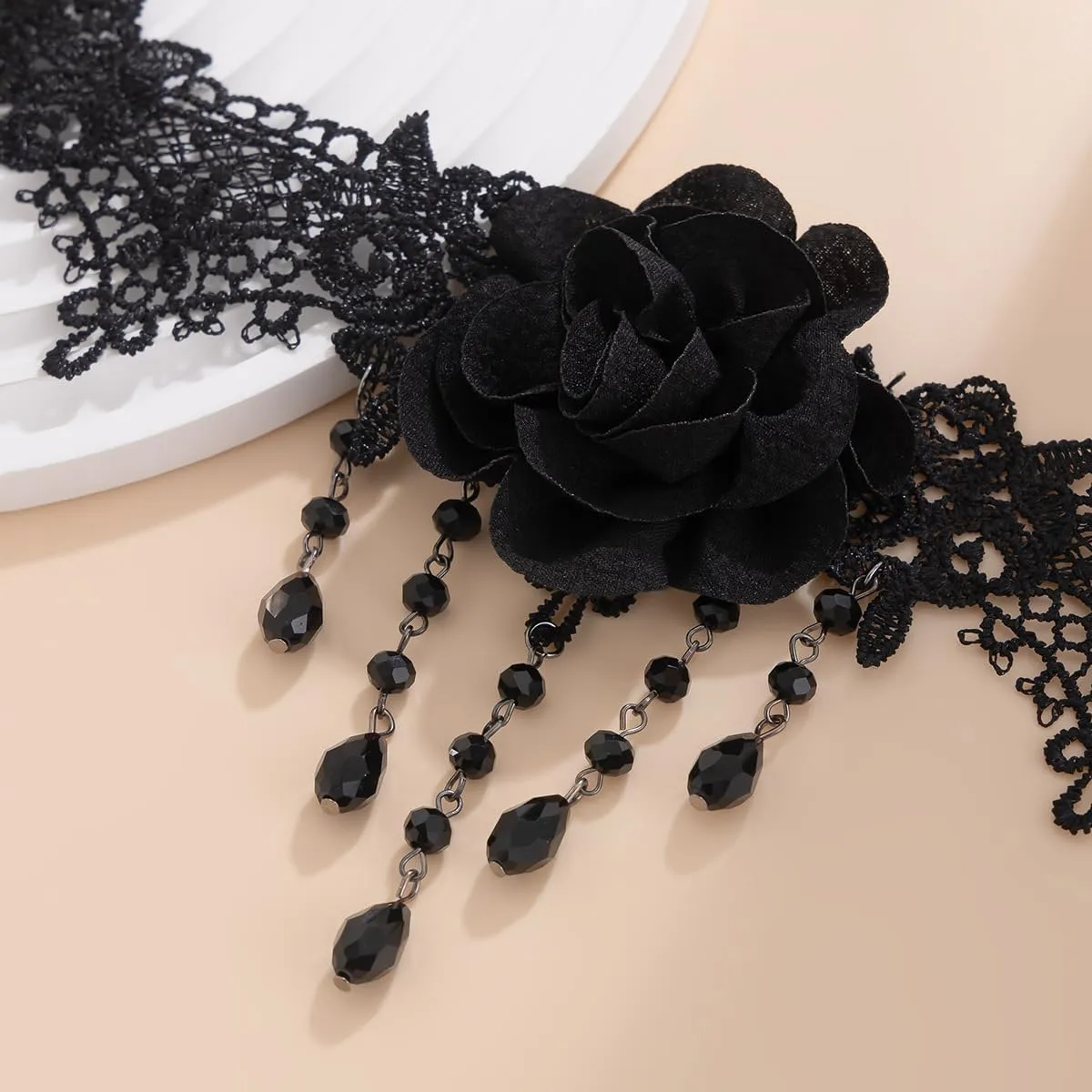 Gothic Black Lace Choker Necklace with Crystal Steampunk Flower Rose Tassel Pendant Collar Choker Vampire Lolita Cosplay Custume Neck Jewelry for Women