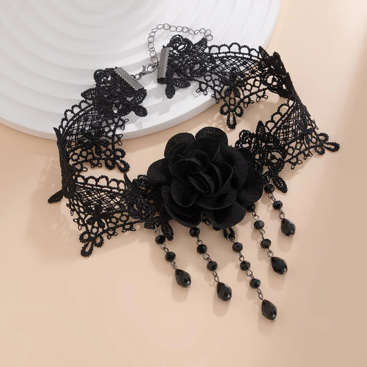 Gothic Black Lace Choker Necklace with Crystal Steampunk Flower Rose Tassel Pendant Collar Choker Vampire Lolita Cosplay Custume Neck Jewelry for Women