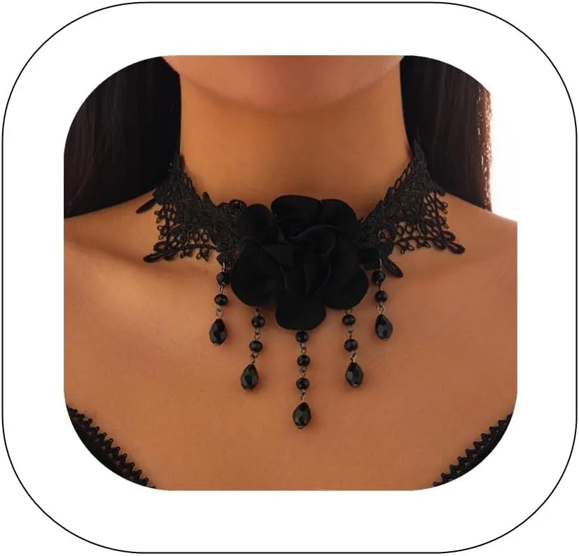 Gothic Black Lace Choker Necklace with Crystal Steampunk Flower Rose Tassel Pendant Collar Choker Vampire Lolita Cosplay Custume Neck Jewelry for Women
