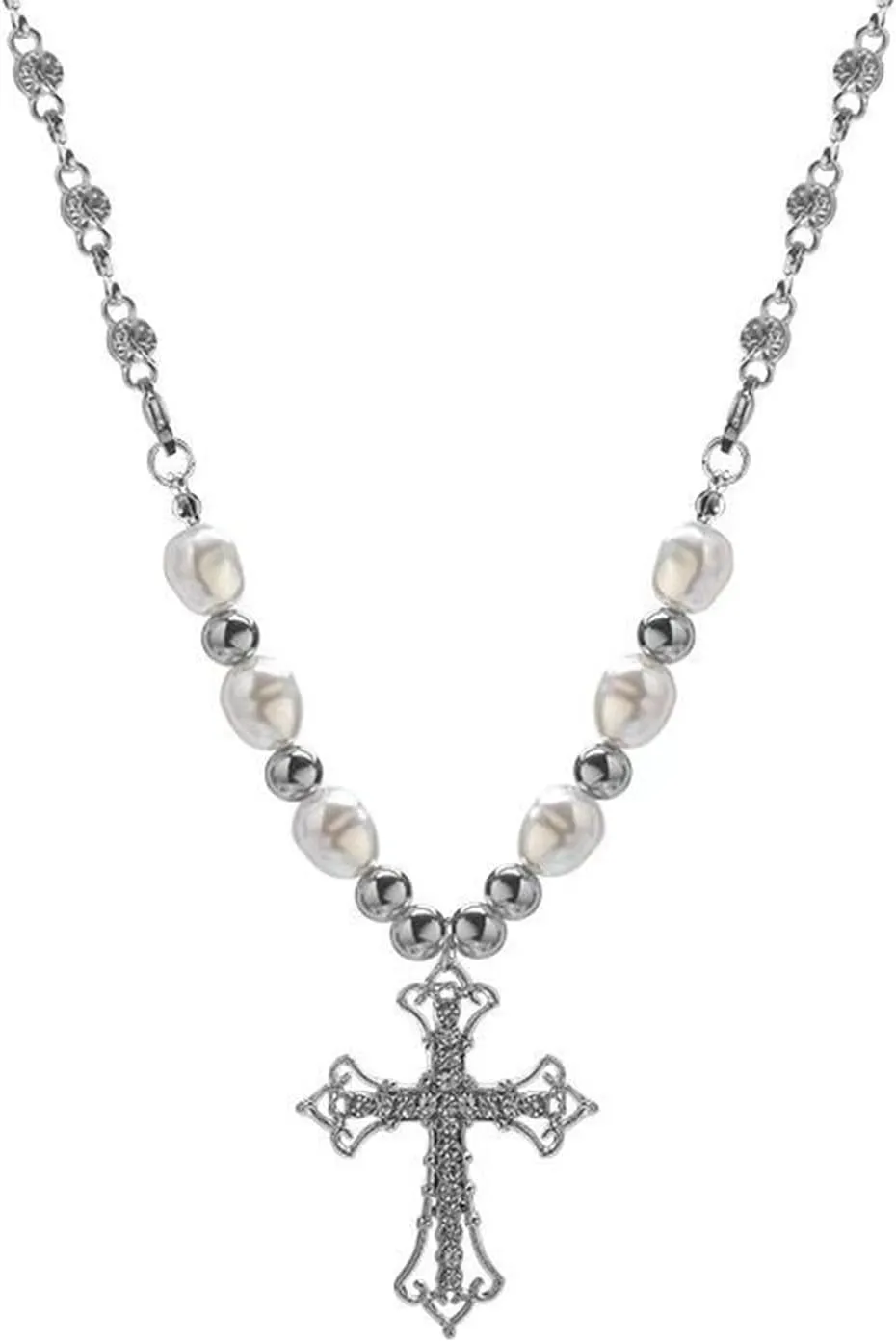 Gothic Celtic Rhinestone Cross Necklace With Pearl Beads Long Pendant Choker for Women Vintage Y2k Pearl Pendant Bling Big Choker for Women Jewelry