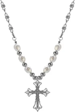 Gothic Celtic Rhinestone Cross Necklace With Pearl Beads Long Pendant Choker for Women Vintage Y2k Pearl Pendant Bling Big Choker for Women Jewelry