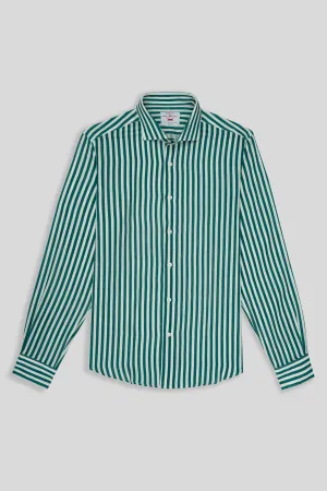 green linen shirt with thin stripes