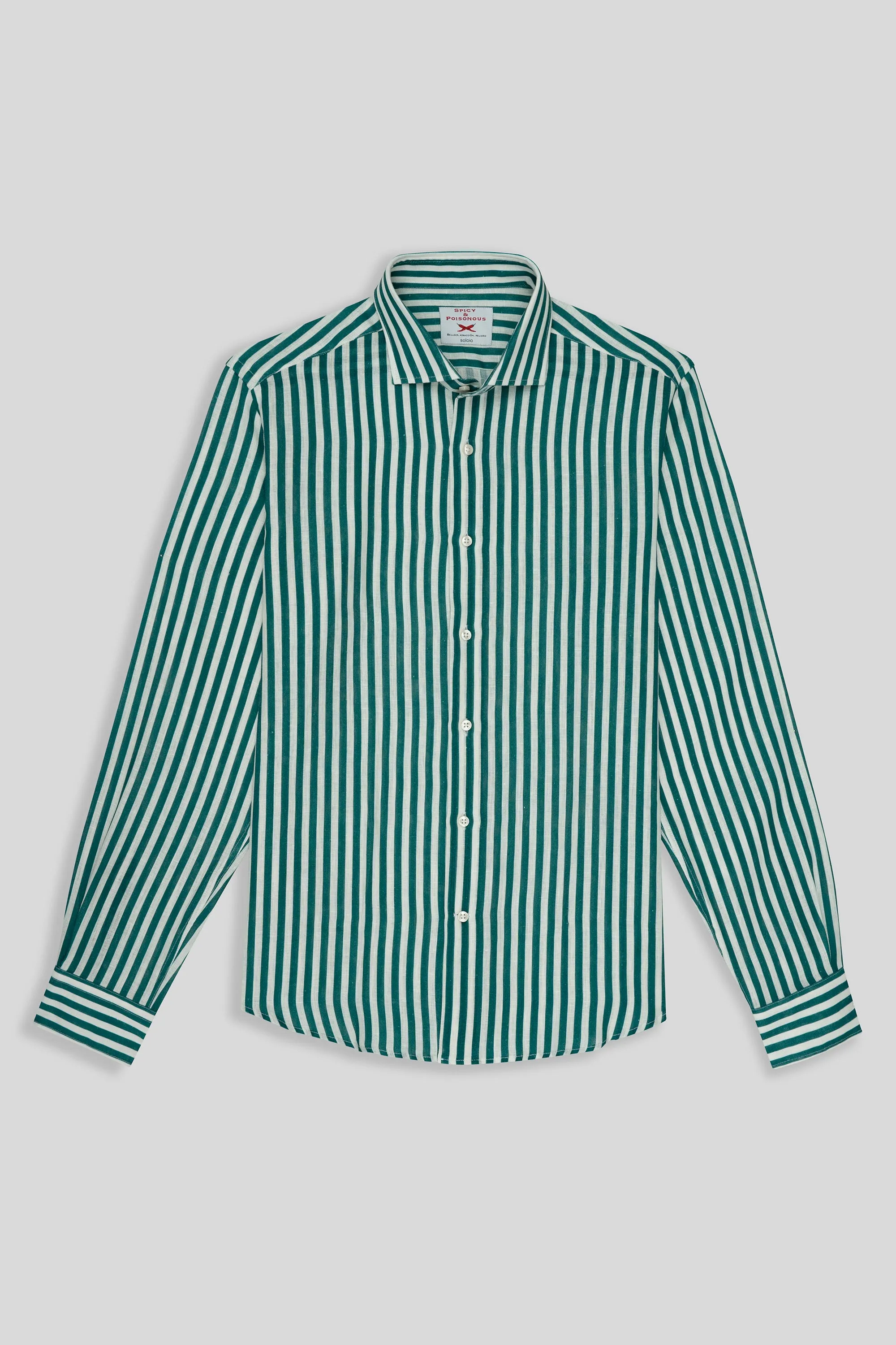 green linen shirt with thin stripes