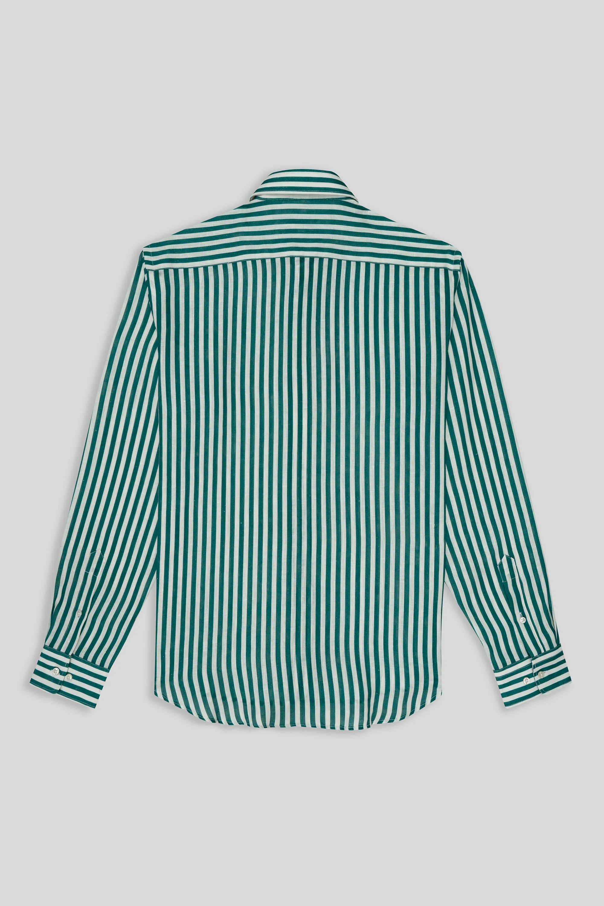 green linen shirt with thin stripes