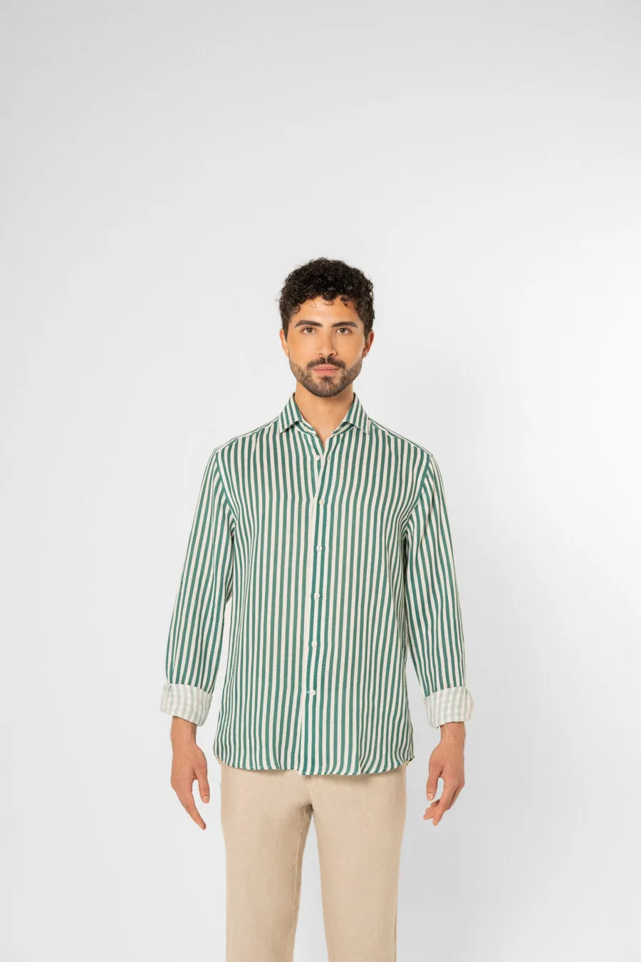 green linen shirt with thin stripes