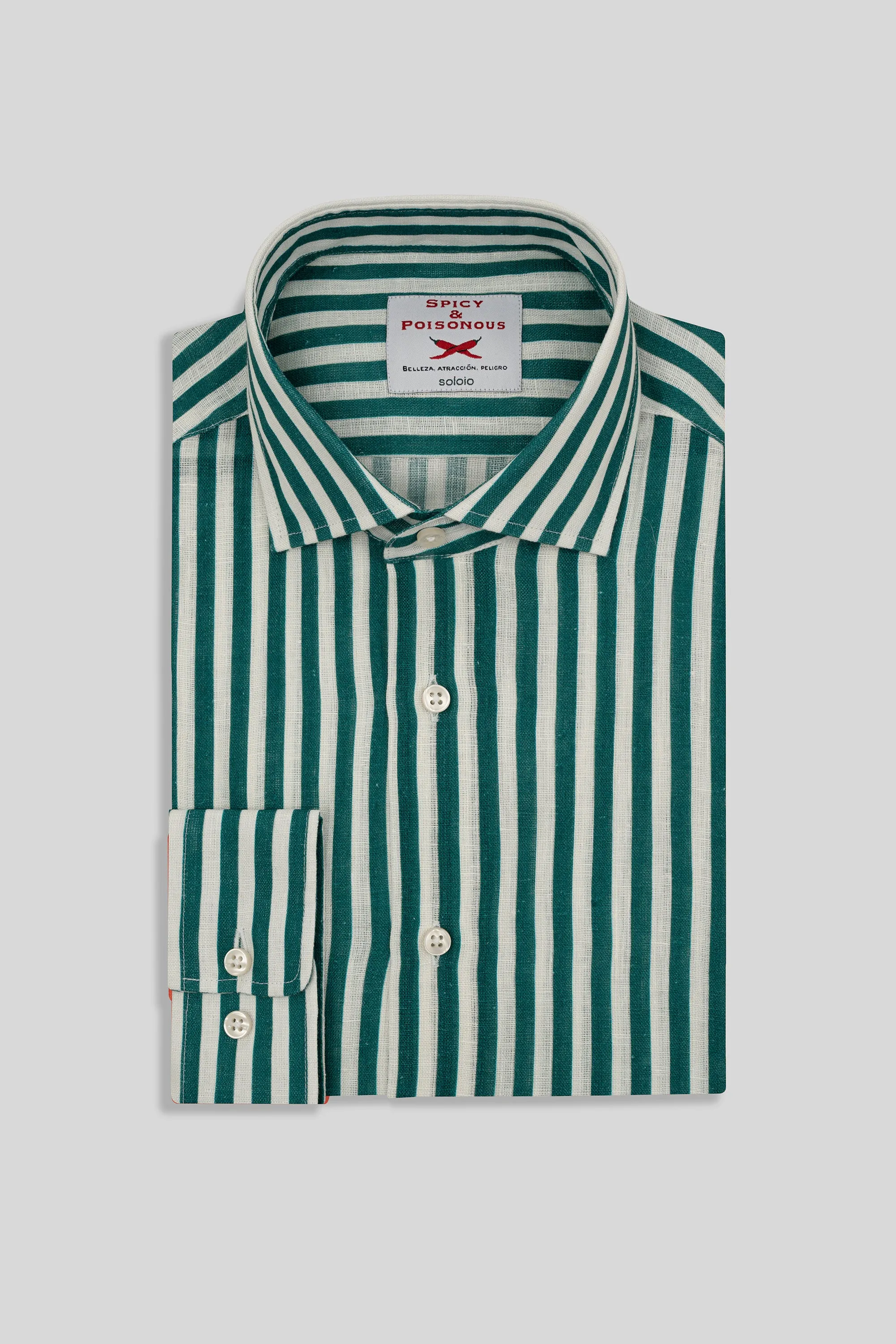 green linen shirt with thin stripes
