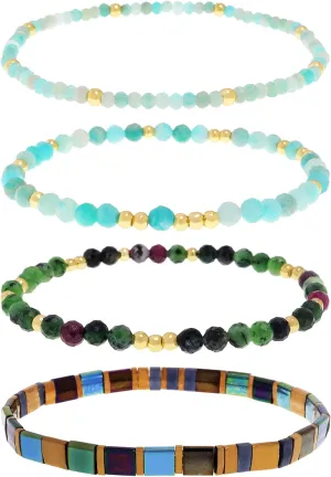 Green Tila Flat Beads Gemstone Stack Bracelets Set for Women, 4Pcs Trendy Boho Handmade Stackable Gold Beaded Friendship Stretch Bracelet Festive Holiday Accessories Jewelry Gift.