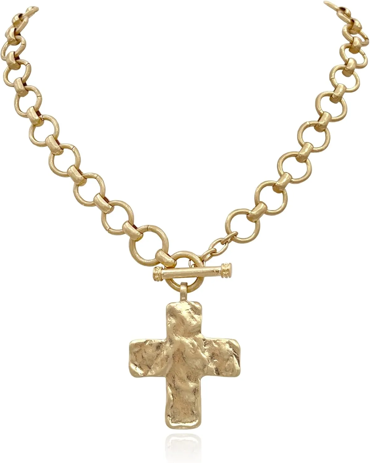 Hammered Bold Cross Necklace Thick Chain Set, Chunky Vintage Gold Statement Pendant Necklace, Brass Chain Linked Necklace