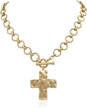 Hammered Bold Cross Necklace Thick Chain Set, Chunky Vintage Gold Statement Pendant Necklace, Brass Chain Linked Necklace