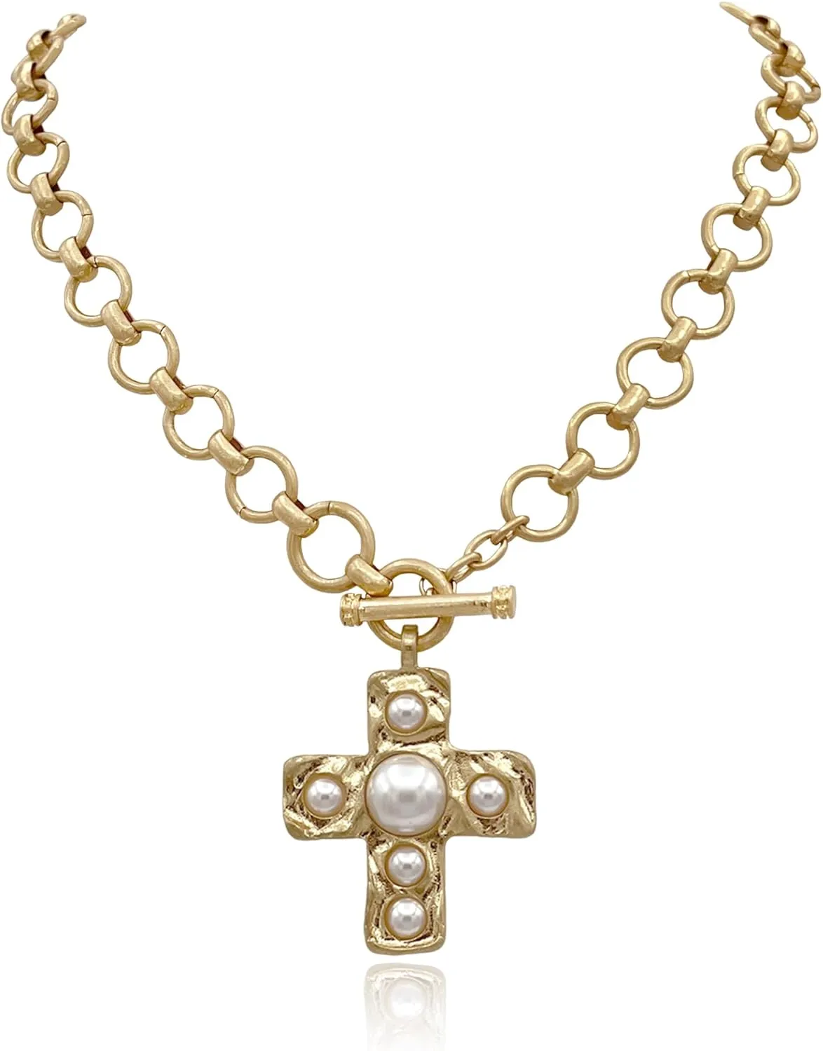 Hammered Bold Cross Necklace With Faux Pearl Set, Chunky Vintage Gold Statement Cross Pendant With Pearl Jewelry, Brass Chain Linked Necklace