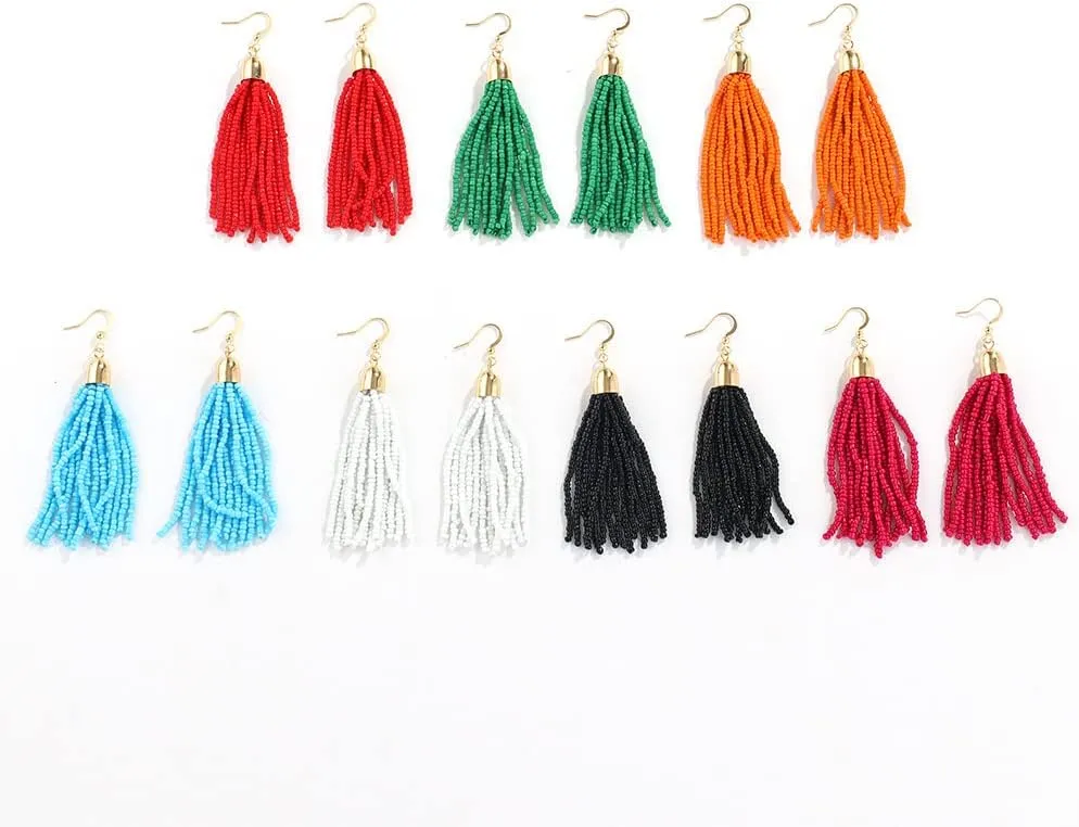 Handmade Beaded Tassel Earrings - Boho Drop Fringe Earrings for Women, Native American Indian Earrings