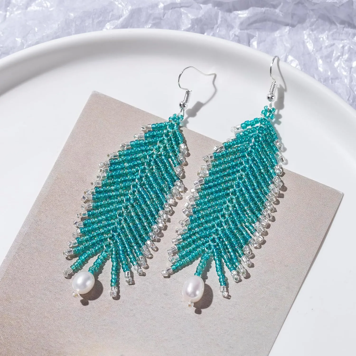 Handmade Beaded Tassel Earrings - Statement Seed Bead Earrings with Genuine Pearl, Boho Beaded Fringe Earrings for Women