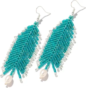 Handmade Beaded Tassel Earrings - Statement Seed Bead Earrings with Genuine Pearl, Boho Beaded Fringe Earrings for Women
