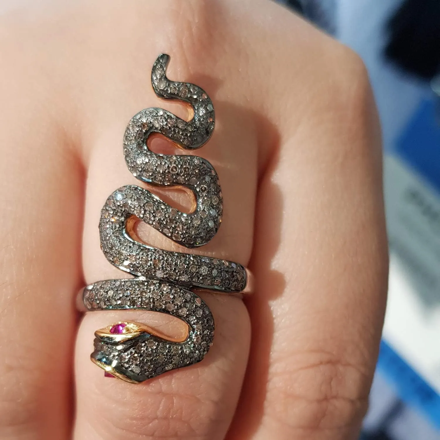 Handmade Natural Diamond Ring,Black Brown Snake Ring With Deep Rich Ruby And 1 Carat Brown Natural Diamond (I2-I3 Clarity) For Women