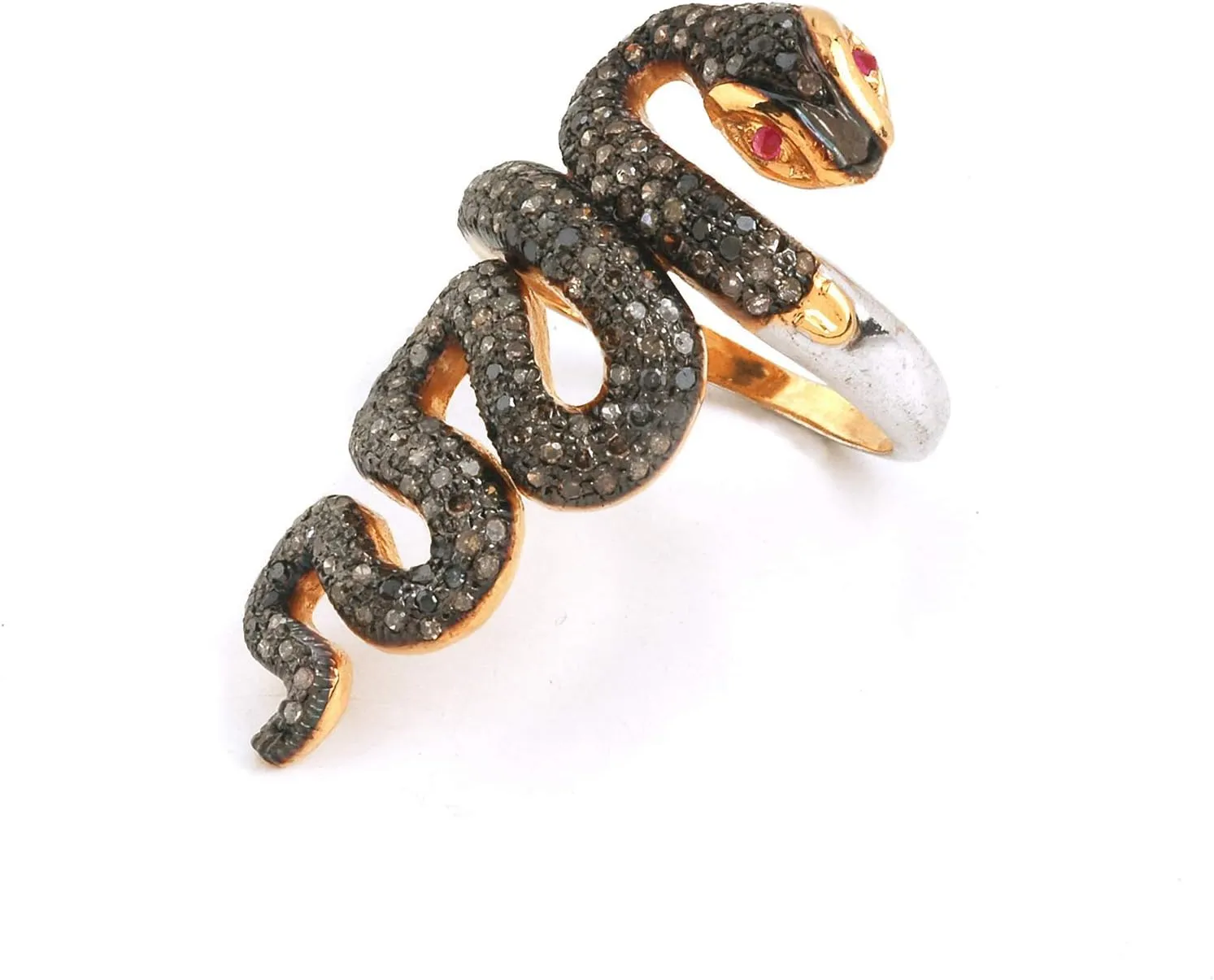 Handmade Natural Diamond Ring,Black Brown Snake Ring With Deep Rich Ruby And 1 Carat Brown Natural Diamond (I2-I3 Clarity) For Women