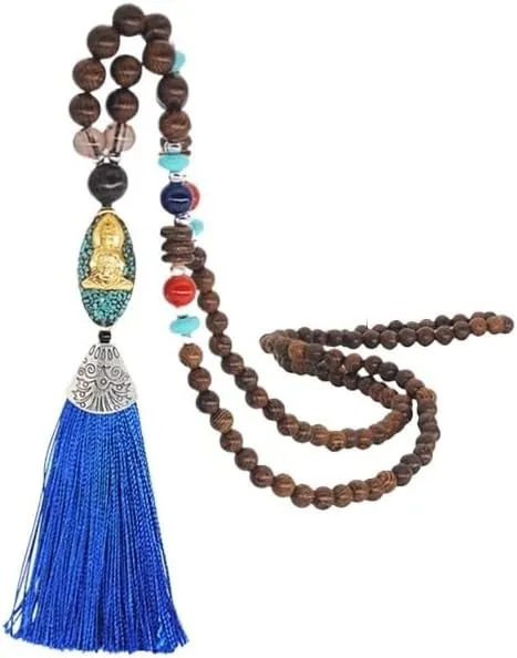 Handmade Vintage Talisman Ethnic Nepal Tribal Necklace Buddhist Mala Wood Beaded Yoga Long Tassel Sweater Necklace for Women