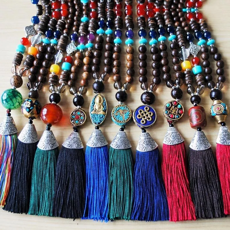 Handmade Vintage Talisman Ethnic Nepal Tribal Necklace Buddhist Mala Wood Beaded Yoga Long Tassel Sweater Necklace for Women